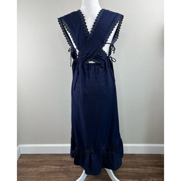 Lush Navy Blue Lace Trim Gauze V-Neck High-Low Sleeveless Midi Dress Large - Picture 3 of 14